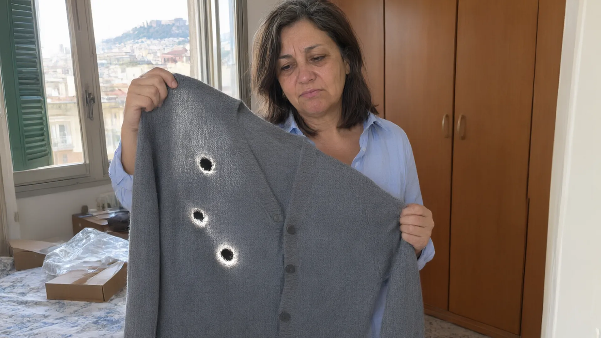 Il cardigan grigio con tre buchi controluce
