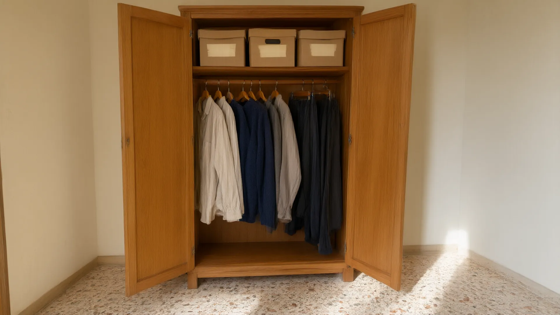L'armadio in ordine con le scatole chiuse, staccato dal muro